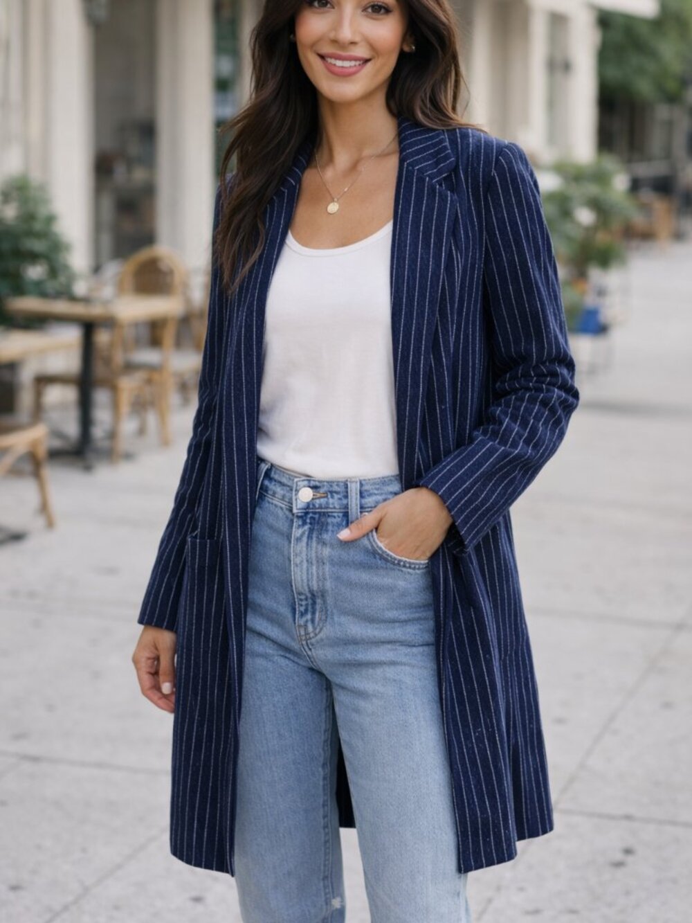 Chico's Navy Pinstripe Trench Blazer Cardigan